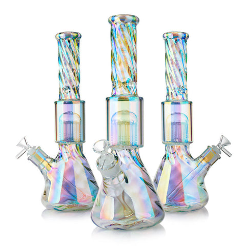 14 Inch Iridescent Rainbow Spiral Arm Perc Glass Water Pipe